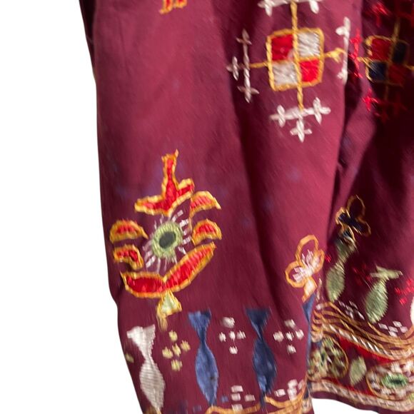 Women's One Size Maroon Embroidered Art To Wear Midi Drawstring Artsy Colorful - Picture 10 of 12